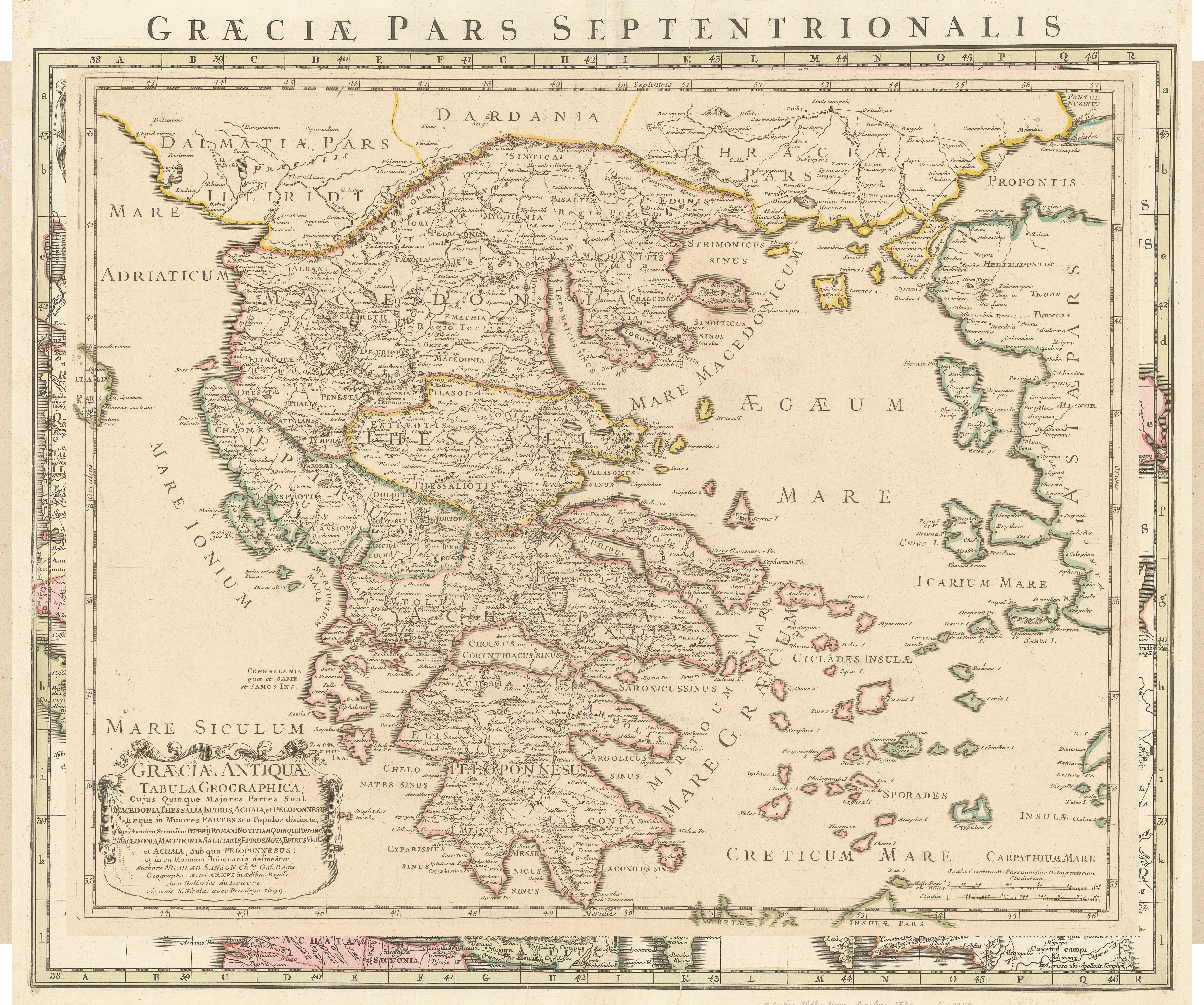  NICOLAS SANSON, ΠΑΡΙΣΙ  1699. Χάρτης της αρχαίας Ελλάδος με τα μεγαλύτερα τμήματά της, που είναι η Μακεδονία, η Θεσσαλία, η Ηπειρος, η Αχαΐα (Στερεά Ελλάδα) και η Πελοπόννησος. Σημειώνει επίσης τις τέσσερις μερίδες στις οποίες διαιρέθηκε διοικητικά η Μακεδονία μεταξύ 168 π.Χ. και 148 π.Χ. από τους Ρωμαίους, αλλά και  τη μετέπειτα επαρχία της Μακεδονίας που ίδρυσαν οι ίδιοι και που έφθανε έως το Ιόνιο Πέλαγος. Ο μεγάλος Γάλλος χαρτογράφος τοποθετεί πάλι τα Σκόπια στην αρχαία Δαρδανία, ενώ το Βόρειο Αιγαίο τ