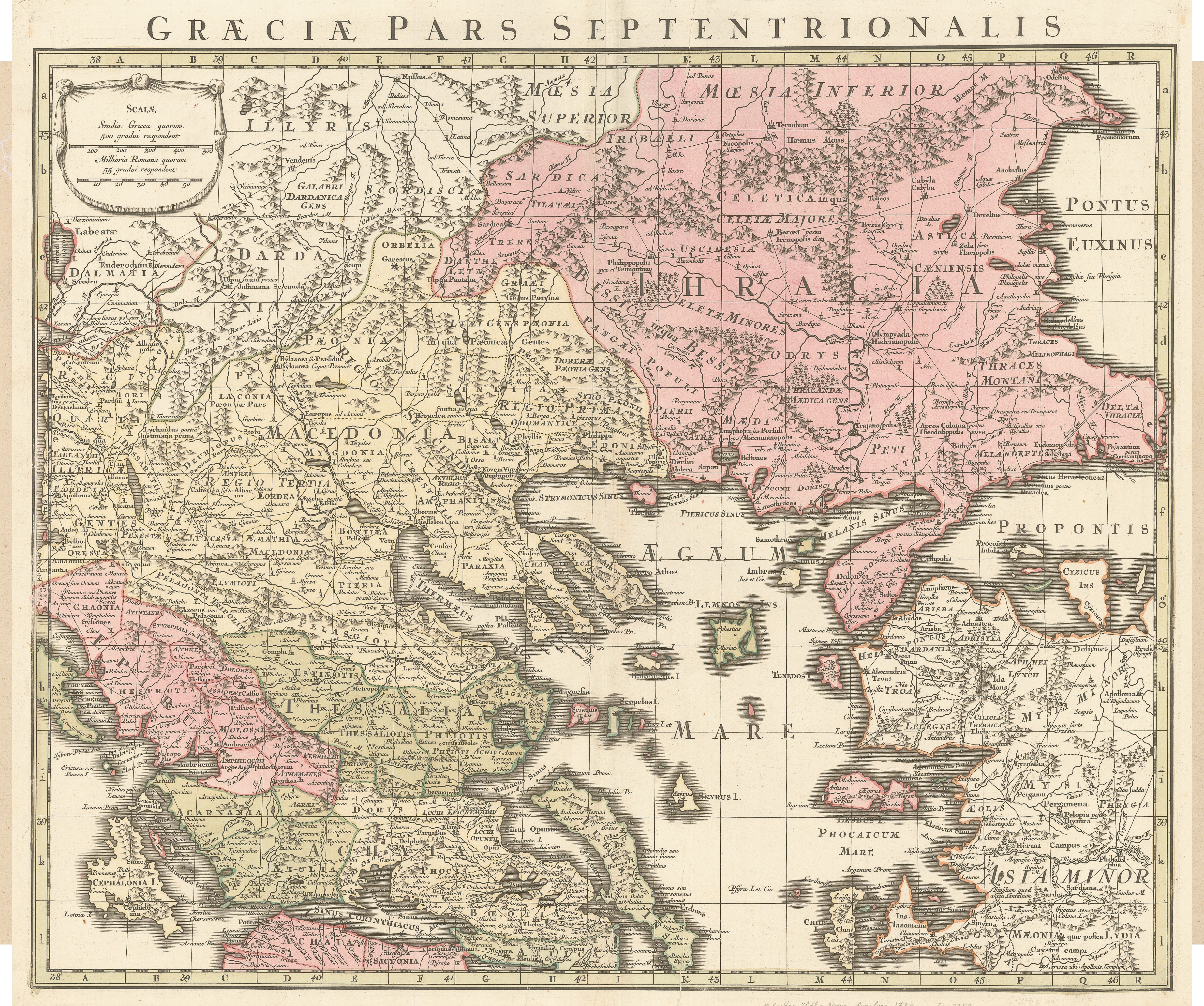  GEORGE MATTHAEUS SEUTTER. ΑΟΥΓΚΣΜΠΟΥΡΓΚ  1730. Χάρτης με τίτλο «Ελλάς, τμήμα βόρειο», όπου στο κέντρο αυτής της περιοχής βρίσκεται η Μακεδονία κατά την πρώτη ρωμαϊκή περίοδο (168 π.Χ.- 148 π.Χ.) με τις 4 μερίδες. (Ιδιωτική Συλλογή)