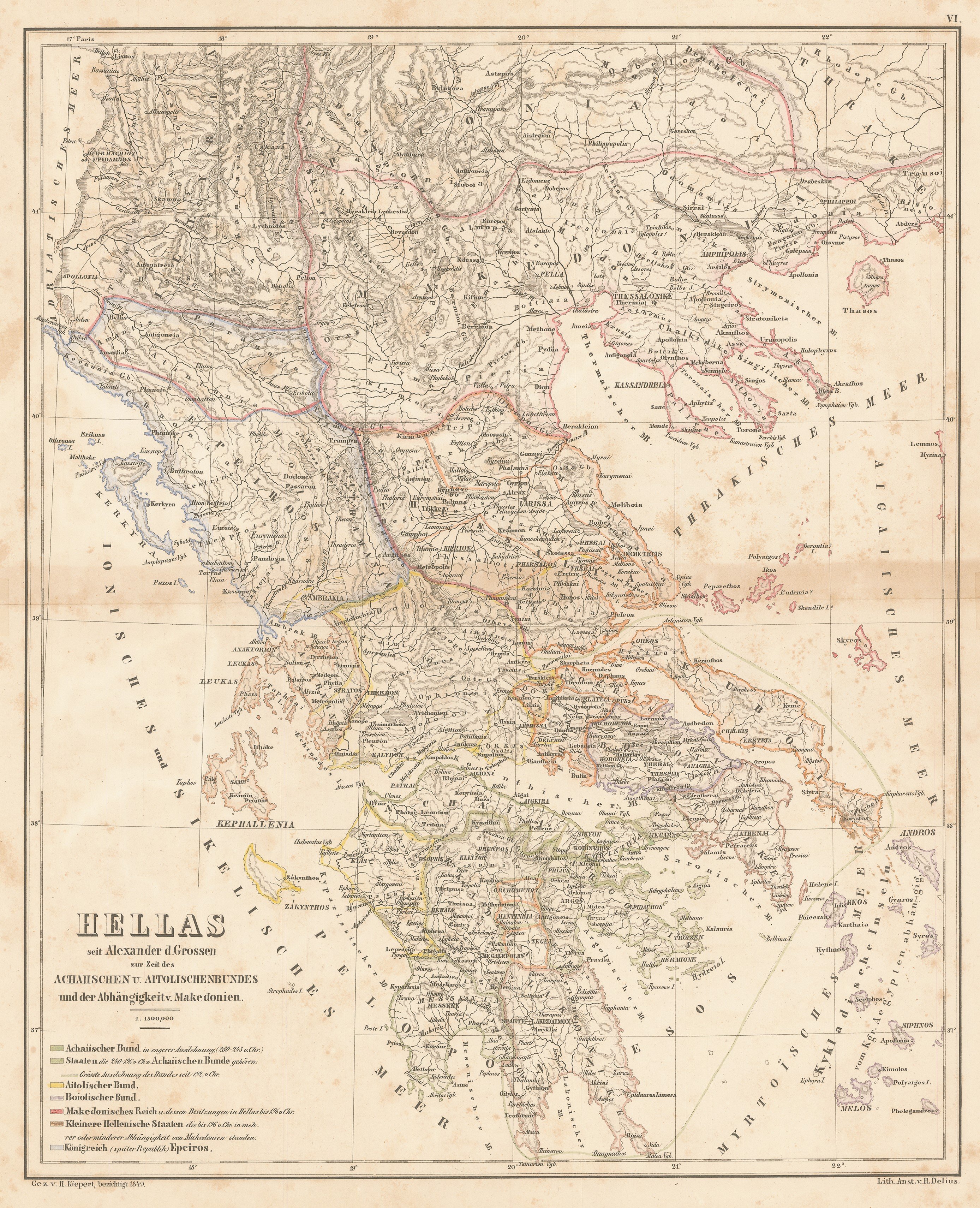  HEINRICH KIEPERT. ΒΕΡΟΛΙΝΟ 1849.Χάρτης της Ελλάδος κατά την εποχή του Μεγάλου Αλεξάνδρου. Ο μεγάλος χαρτογράφος ξεχωρίζει τα όρια της ελληνικής Μακεδονίας από την Παιονία, όπου ζούσαν θρακικοί λαοί, οι οποίοι δεν μιλούσαν την αιολοδωρική διάλεκτο των Μακεδόνων.