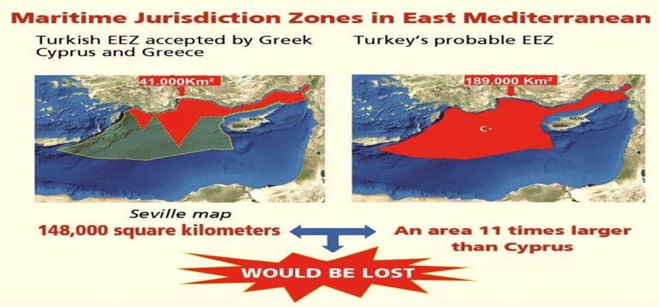 Δεξιά ο τουρκικός χάρτης, δημοσιευμένος πριν από τον χάρτη της Α.Ο.Ζ. με την Λιβύη, απεικονίζει την Α.Ο.Ζ. που πρέπει να έχει η Τουρκία