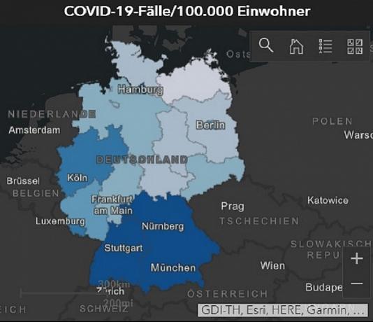 Περιπτώσεις κορονοϊού ανά 100.000 κατοίκους στα γερμανικά κρατίδια, με σκούρο μπλε φαίνεται ο υψηλότερος αριθμός / Ινστιτούτο Robert Koch